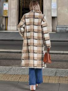 SHEIN LUNE 女士秋冬立领长袖双排扣长款格子羊毛保暖外套 - 彩色 - 查看 2