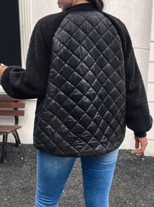 SHEIN LUNE Plus Size Baseball Jacket Style Raglan Sleeve Quilted Shearling Patchwork With Pockets, Padded Coat Winter Clothes
