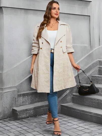 SHEIN Clasi Abrigo casual de primavera y otoño con cuello de solapa, jacquard con mariposas, plisado, mangas 3/4, holgado para mujer talla grande, ropa elegante para mujer