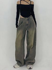 FRIFUL 女士褶皱和做旧宽松牛仔裤