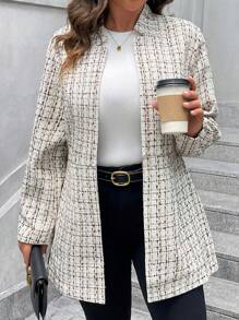 SHEIN Clasi معطف طويل كم أنيق ذو طباعة مربعات للمقاسات الكبيرة للاستخدام في فصل الشتاء - قهوة بني - مشاهدة 6