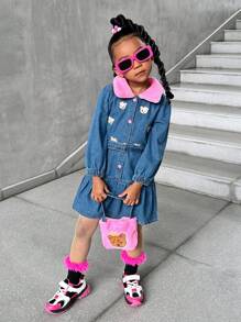 SHEIN Explorewe Young Girls Long Sleeve Belted Fluffy Collar Patchwork Washed Real Denim Fashion Dress With Bear Embroidery Pleated Hem, Suitable For Autumn And Winter - Multicolor - View 6