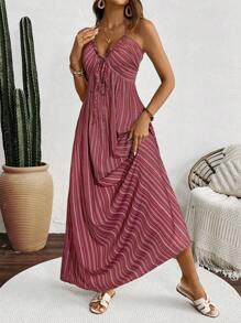 Breezaya Women's Vacation Striped Front Tie Maxi Casual Halter Dress - Red - View 4