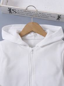 SHEIN Jaket Kasual Berkerudung Lengan Panjang Warna Polos dengan Resleting Depan untuk Anak Perempuan, Musim Gugur & Musim Dingin - Putih - View 7
