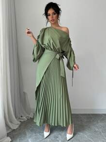 Rafferiza 女式斜领长袖收腰荷叶边下摆中长连衣裙女装 - 綠色 - 查看 4