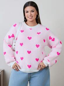 RueChic HAIRY YARN HEART PATTERN PLUS SIZE SWEATER - Hot Pink - View 1