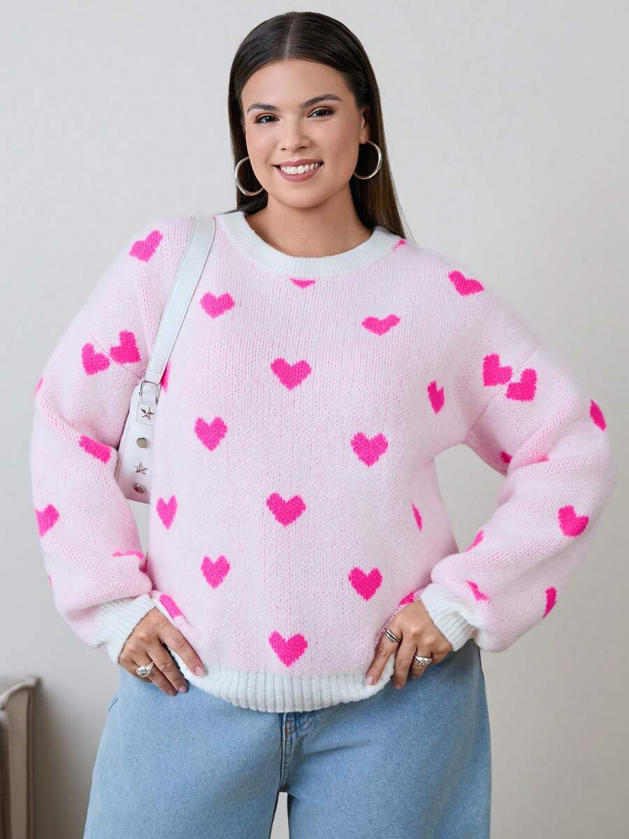 RueChic HAIRY YARN HEART PATTERN PLUS SIZE SWEATER - Hot Pink - View 1