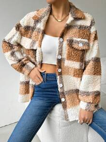 Chiquease Plaid Print Button Front Long Sleeve Jacket, Fall & Winter - Khaki - View 3