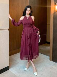 DAZY Women Solid Color Ruffle Ruffle Hem Chiffon Dress, Birthday ,New Year Eve Valentine Valentine's Day Prom Dress,Fall Clothes