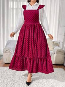SHEIN Unity Plus Size Women's Summer Polka Dot Print Patchwork Ruffle Hem Long Strap Dress - Burgundy - View 2