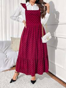SHEIN Unity Plus Size Women's Summer Polka Dot Print Patchwork Ruffle Hem Long Strap Dress - Burgundy - View 1