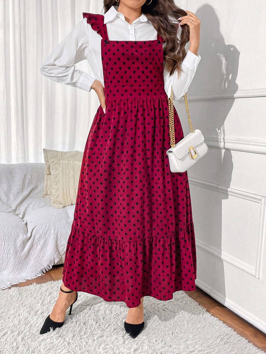 SHEIN Unity Plus Size Women's Summer Polka Dot Print Patchwork Ruffle Hem Long Strap Dress - Burgundy - View 1
