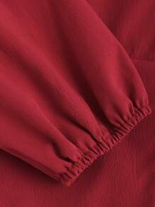 Sweetra Women's Spring Summer Solid Collared Lantern Sleeve Ruffle Hem Elegant A-Line Mini Dress - Burgundy - View 3