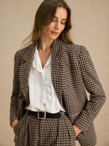 Poéselle 时尚卡其色复古休闲格纹西装外套，适合多种场合，长袖西装外套，配有隐形衬里和口袋，适合办公室和休闲场合，量身定制的剪裁，永恒的图案，现代风格，适合有抱负的职业女性，可选择搭配格纹西装裤，2024 秋冬