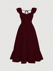SHEIN MOOSTA Plus Size Solid Color Sweetheart Collar Ruffled Simple Long Dress, Casual Daily Wear Burgundy Women Outfit