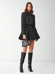 Enchnt Spring/Summer Romantic Women's Black Plaid Fashionable Metal Buttons Decor Long Sleeve Fringe Casual Tweed Jacket,Sweet&Elegant Outfit For Party And Sweet Date Night &Holiday & Graduation Dress&Daily Commuting&Vacation - Black - View 8