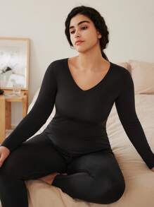 LUVLETTE Plus 女士保暖内衣超柔软底层寒冷天气温暖冬季睡衣套装 V 领上衣和长裤 - 黑色 Warmlette - 黑色 - 查看 8