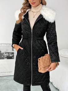 SHEIN Clasi Abrigo acolchado ajustado para mujer con forro térmico, cuello esponjoso, parches, bolsillo con cremallera, para otoño/invierno - Negro - Ver 6