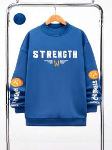 SHEIN Áo nỉ chui đầu cổ phễu thường ngày cho bé trai tuổi teen có họa tiết đồ họa, màu xám khói/xanh lam, lót nhiệt, thích hợp cho mùa thu, đông, ấm áp, đi học, ở nhà, hàng ngày, thể thao, tiệc sinh nhật, đi chơi, thiết kế đơn giản và phù hợp - Màu xanh bụi bặm - Xem 1