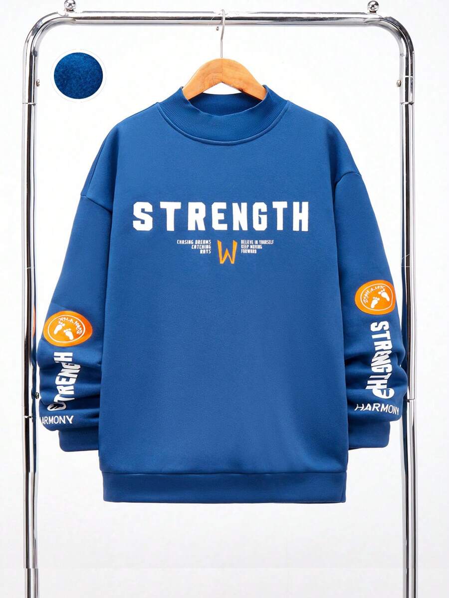 SHEIN Áo nỉ chui đầu cổ phễu thường ngày cho bé trai tuổi teen có họa tiết đồ họa, màu xám khói/xanh lam, lót nhiệt, thích hợp cho mùa thu, đông, ấm áp, đi học, ở nhà, hàng ngày, thể thao, tiệc sinh nhật, đi chơi, thiết kế đơn giản và phù hợp - Màu xanh bụi bặm - Xem 1