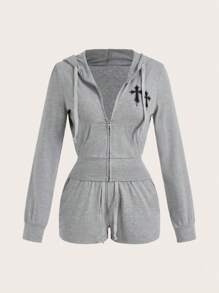 Slaydiva 2 piezas Conjunto informal de mujer con sudadera con capucha de patrón en cruz y shorts ajustados - Gris - Ver 8