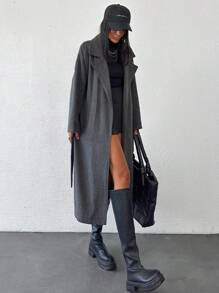 EURMUSE Lapel Neck Oversized Side Pocket Detailed Belted Smart Casual Overcoat - Grey - View 4
