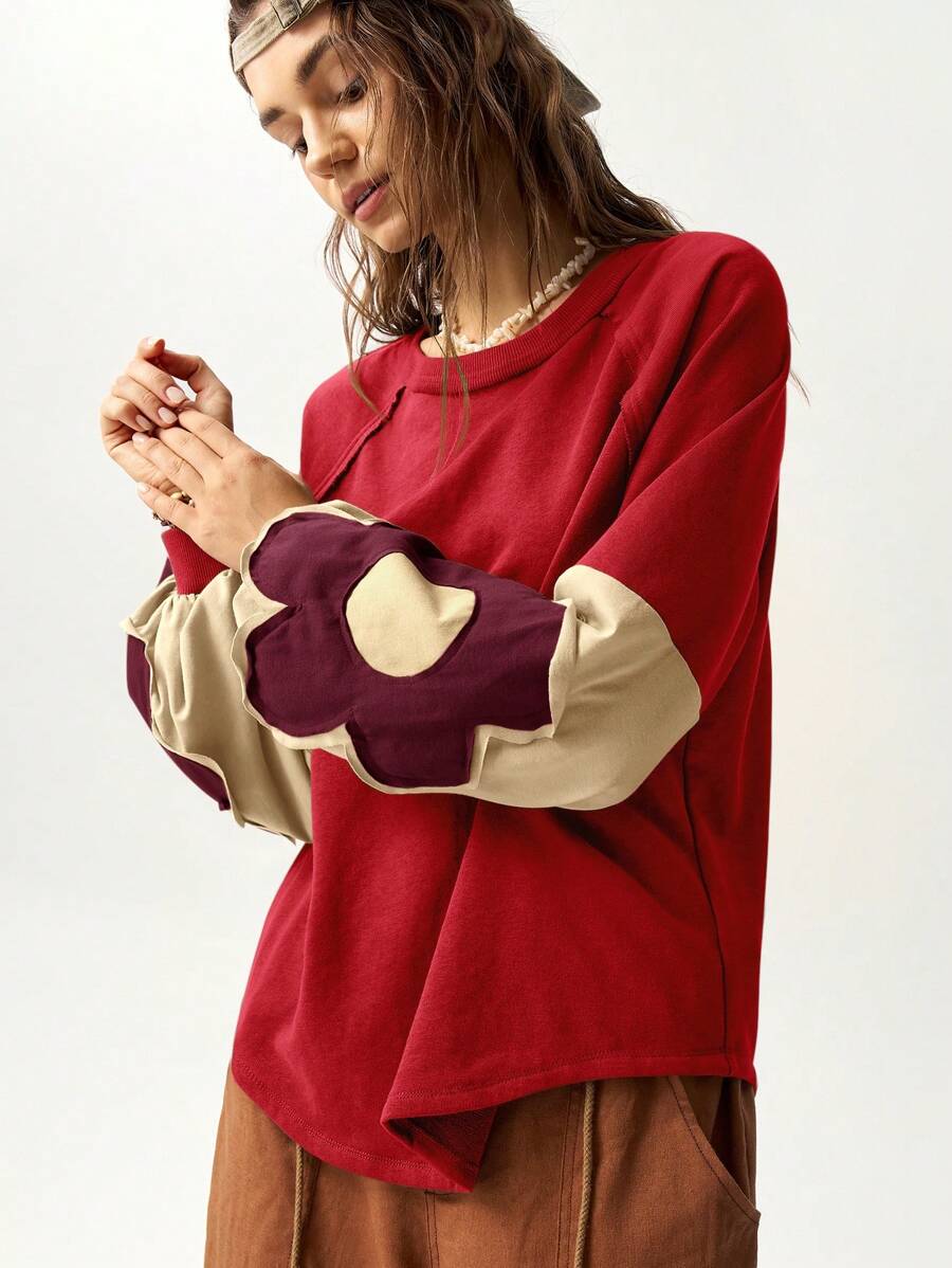 Bohemela 女士花卉拼色圆领长袖休闲舒适运动衫 - 彩色 - 查看 1