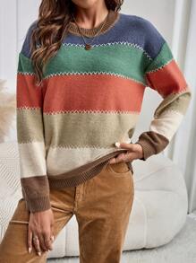 EMERY ROSE Áo len dài tay cổ tròn màu tương phản cho nữ mùa thu - Nhiều màu - Xem 6