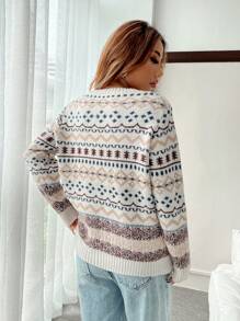 SHEIN EZwear Women's Loose Fit Geometric Pattern Crew Neck Drop Shoulder Long Sleeve Casual Sweater, Autumn Fall Winter,Long Sleeve Tops - Multicolor - View 2