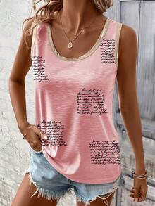 SHEIN LUNE 女士休闲宽松口号印花圆领无袖背心，夏季 - 粉色 - 查看 4