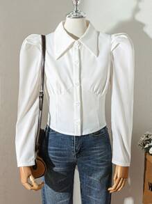 Teen Girl MOD Retro French Renaissance Puff Sleeve White Blouse, Versatile - White - View 3
