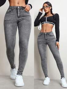 SHEIN ICON Simple Front Buttoned Pocket Denim Casual Pants - Grey - View 7