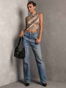 SHEIN BAE Débardeur simple et casual en coton avec cordon de serrage, imprimé peau de serpent marron pour femmes