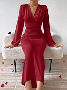 Firerie 女士纯色 V 领灯笼袖鱼尾下摆优雅连衣裙 - 紅色 - 查看 1