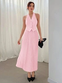 Aloruh 2 件套女士情人节无袖前扣背心和褶皱迷你裙套装 - 粉色 - 查看 1