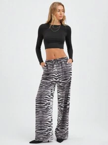 SHEIN EZwear 黑白虎纹腰贴宽松直筒裤，秋冬 - 黑與白 - 查看 4