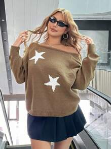 SHEIN EZwear Plus Size Open Shoulder Star Pattern Sweater