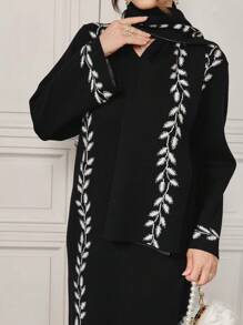 Modelyn Conjunto elegante de vestido de manga larga con escote de ojo de cerradura y estampado floral con detalle calado y bufanda a juego, Vestidos de suéter ajustados elegantes para uso casual diario/fiesta - Blanco y Negro - Ver 2