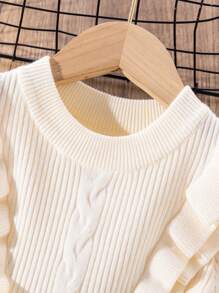 SHEIN Young Girl Round Neck Ruffle Trim Long Sleeve Knitted Sweater Dress - Beige - View 3