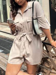 Flirla Plus Size Retro Casual Pocket Roll Sleeve Shirt-Style Belted Romper, Summer Fall Cloth For Women - Light Grey - View 4