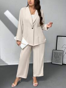 SHEIN Privé Plus Size 2-Piece Set: Elegant Casual Blazer Jacket & Straight Leg Pants, Apricot Color Women Workwear Suit - Apricot - View 1