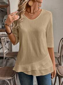 EMERY ROSE Fall Women Clothes Crew Neck Long Sleeve Floral All-Over Print Casual Top - Khaki - View 5