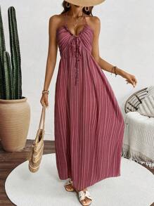 Breezaya Women's Vacation Striped Front Tie Maxi Casual Halter Dress - Red - View 3