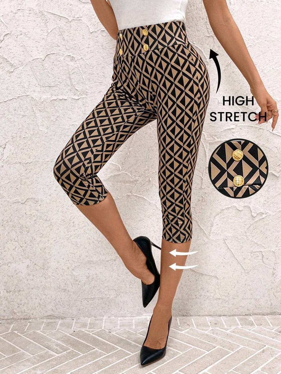 SHEIN Clasi Women's Casual Geometric Print Cropped Leggings - Multicolor - View 1