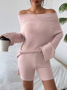 INAWLY 2 件套女士纯色露肩长袖毛衣和短裤套装