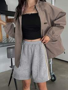 DAZY 女士弹性腰部撞色带短裤休闲宽松短裤 - 灰色 - 查看 3