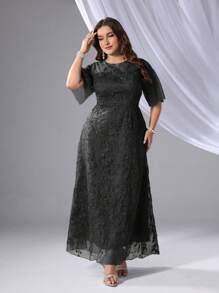 SHEIN Belle 大码女式圆领短袖长款伴娘礼服，优雅连衣裙 - 黑色 - 查看 3