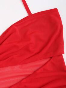 SHEIN Unity Đầm suông hở lưng nhún bèo màu trơn không tay - Đỏ - Xem 4