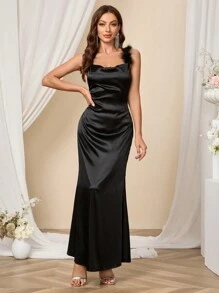 SHEIN Belle Shein Belle Women's Ball Solid Color Off-Shoulder Evening Dress, Shoulder Straps Are Sewn With Fur Strips, Comfortable, Simple And Fashionable, Elegant Prom Semi Formal Dress, For Birthday, Wedding Guest, Graduation Homecoming