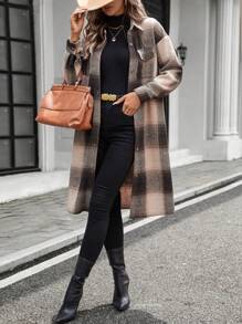 SHEIN LUNE Foldover Collar Button-Front Long Checkered Casual & Work Coat For Women - Multicolor - View 6